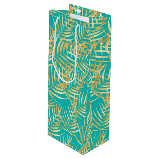 Gold Palm Fronds on Turquoise Wine Gift Bag (Front Angled)
