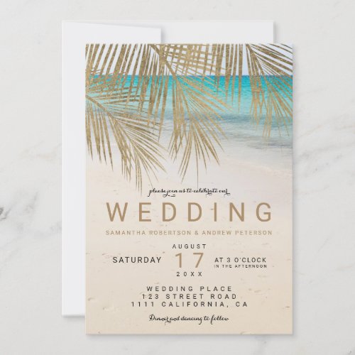 Gold palm leaf beach photo destination wedding invitation