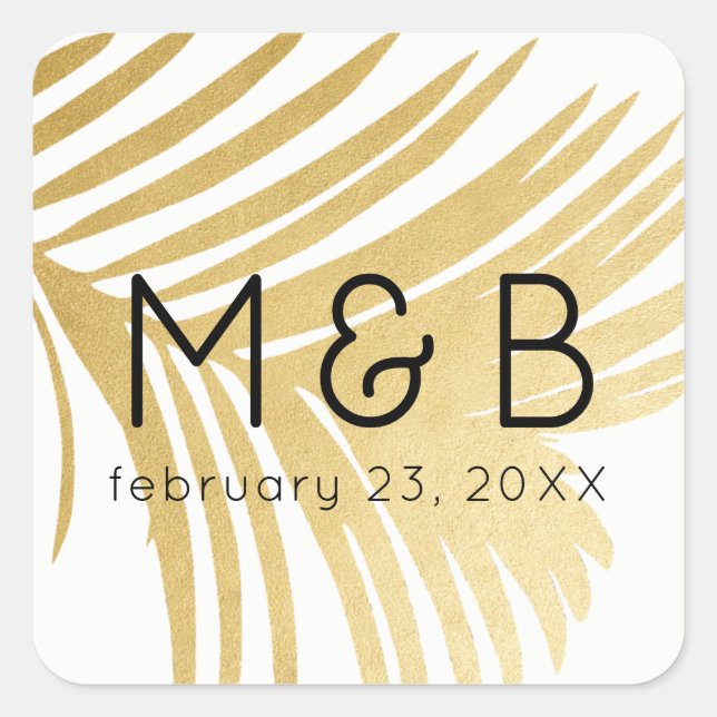 Gold Palm Leaf Feather Modern Beach Wedding Favor Square Sticker (Front)