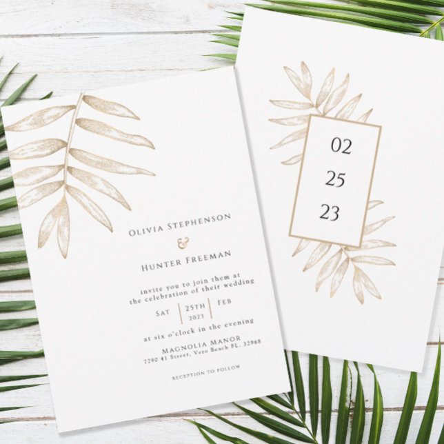 Gold Palm Leaf Modern Wedding Invitation (Creator Uploaded)