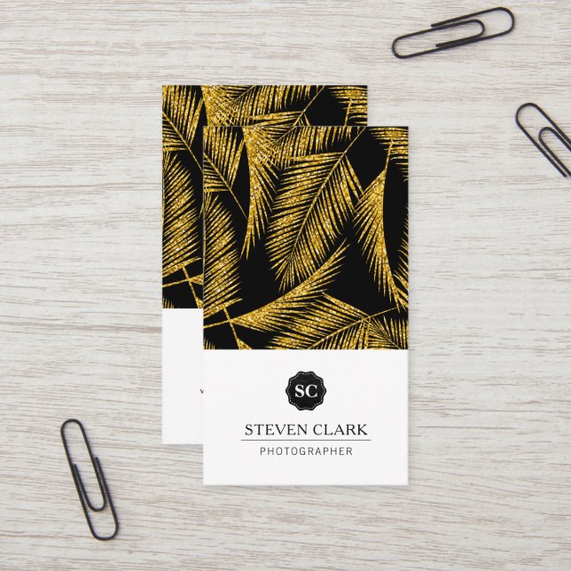 Gold Palm Leaf Pattern Business Card (Front/Back In Situ)