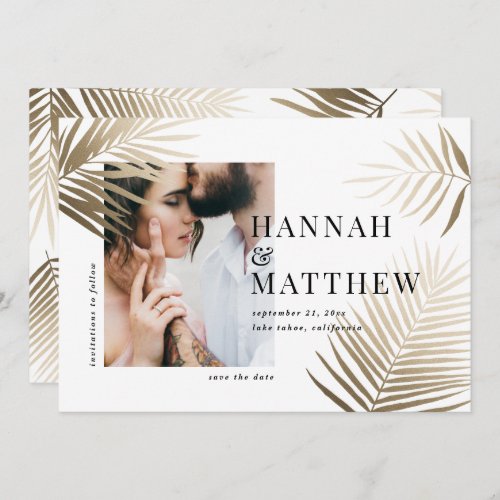 Gold palm leaf save the date photo wedding