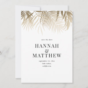 Gold palm leaf save the date wedding