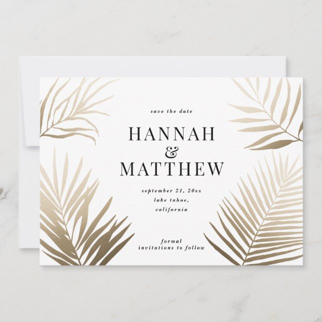 Gold palm leaf save the date wedding (Front)