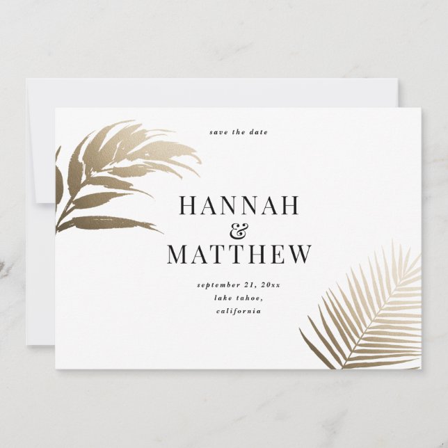 Gold palm leaf save the date wedding (Front)