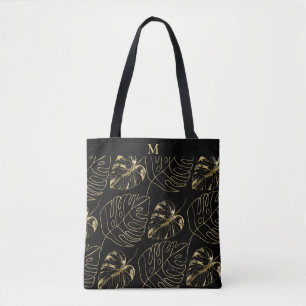 Gold Palm Leaf Tropical Pattern Modern Monogram Tote Bag