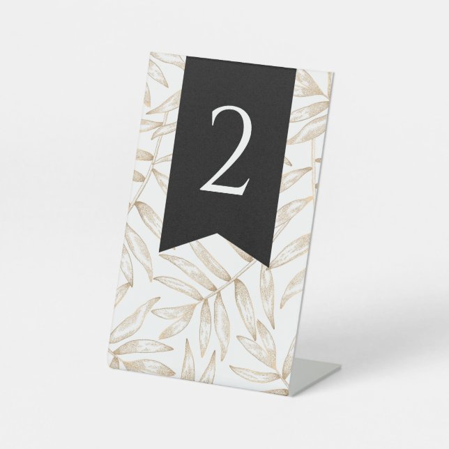 Gold Palm Leaf Wedding Table Number | Modern Pedestal Sign (Front)