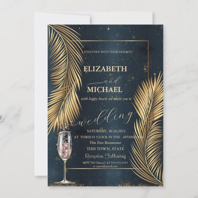 Gold Palm Leaves Beach Champagne Glass Wedding  Invitation (Front)