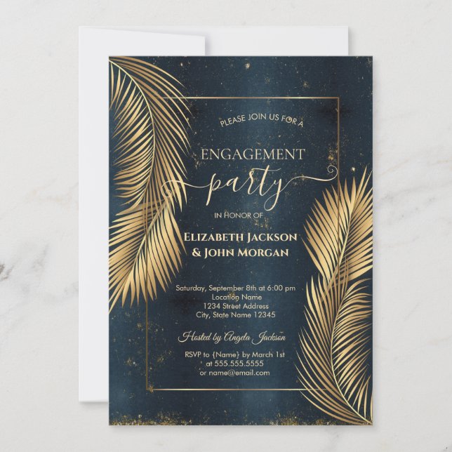Gold Palm Leaves Beach Engagement Invitation (Front)