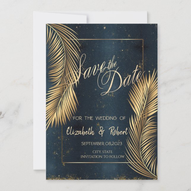 Gold Palm Leaves Beach Wedding Save The Date (Front)