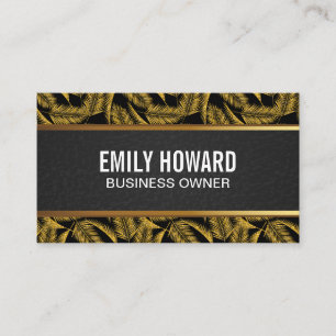Gold Palm Leaves Black Leather Gold Trim Business Card