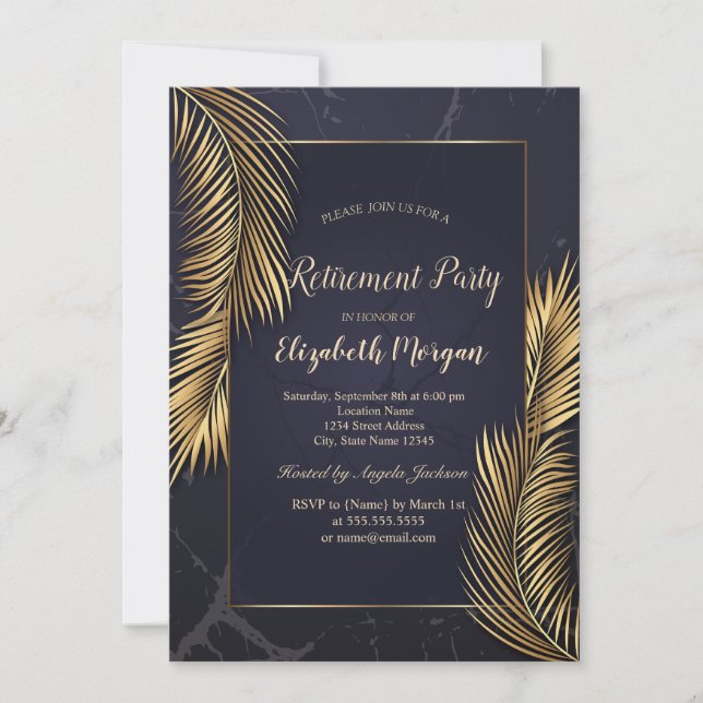Gold Palm Leaves Marble Retirement Invitation (Front)