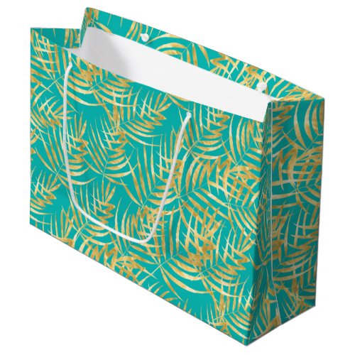 Gold Palm Leaves on Turquoise Large Gift Bag