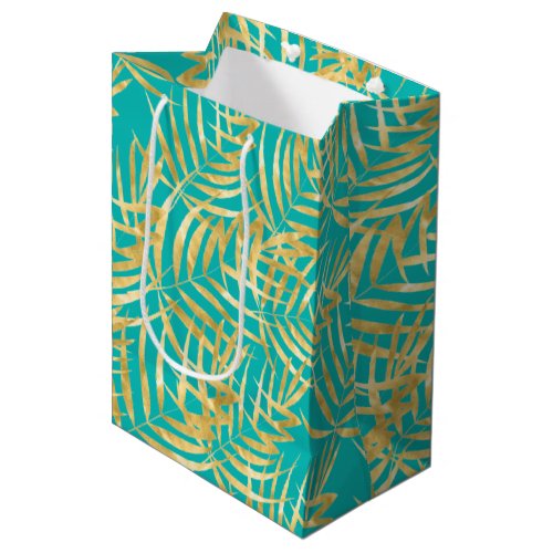 Gold Palm Leaves on Turquoise Medium Gift Bag