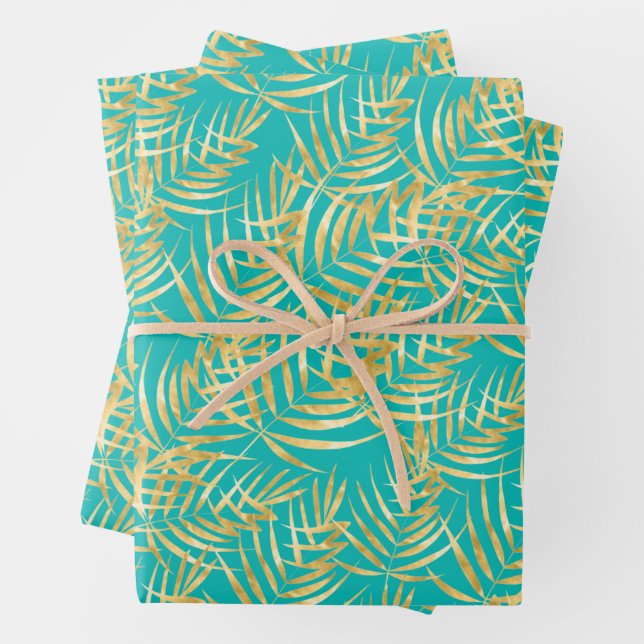 Gold Palm Leaves on Turquoise Wrapping Paper Sheets (In situ)