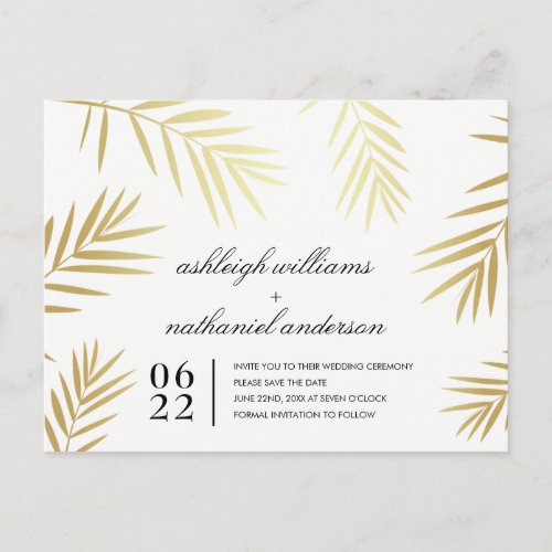 Gold Palm Leaves on White  Save The Date Photo Announcement Postcard