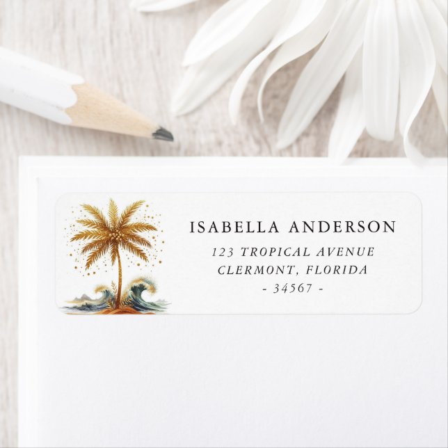 Gold Palm Tree and Waves Return Address Label (Insitu)