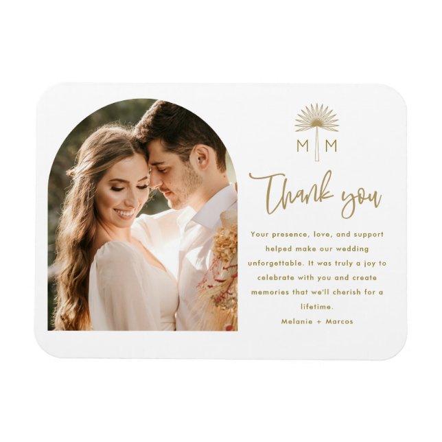 Gold Palm Tree Arch Photo Wedding Thank You Magnet (Horizontal)