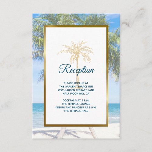 Gold Palm Tree Beach Photo Wedding Reception Enclosure Card