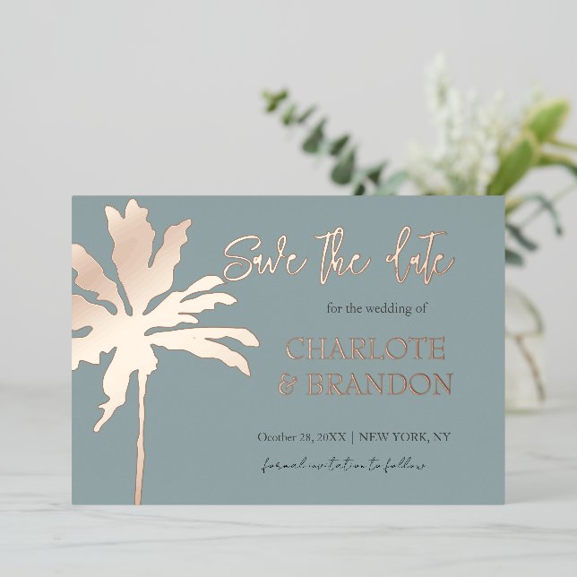  Gold Palm Tree Beach Wedding Save The Date Foil Invitation (Standing Front)
