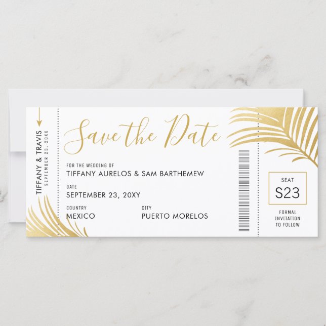 Gold Palm Tree Boarding Pass Beach Save the Date (Front)