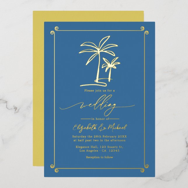 Gold Palm Tree Coastal Chic Wedding Foil Invitation (Front/Back)