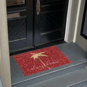 Gold Palm Tree Dream Red Glitter Doormat