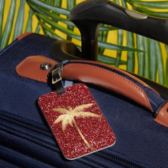 Gold Palm Tree Dream Red Glitter   Luggage Tag (Front Insitu 1)