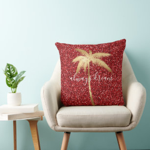 Gold Palm Tree Dream Red Glitter Throw Pillow