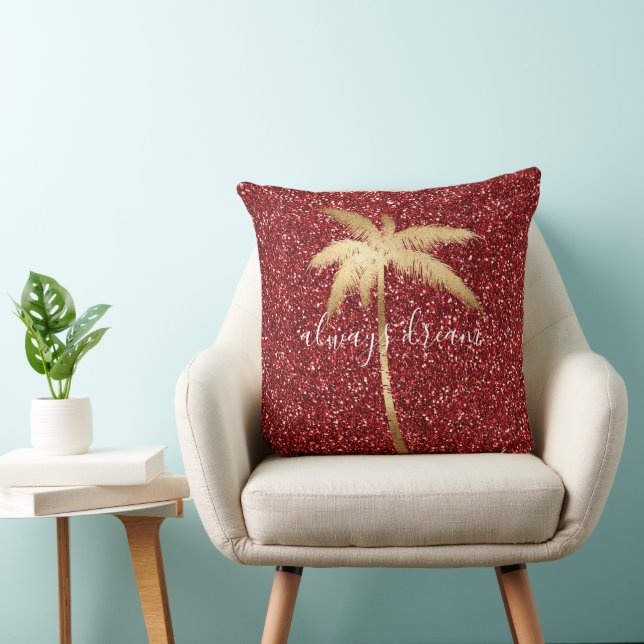 Gold Palm Tree Dream Red Glitter        Throw Pillow (Chair)