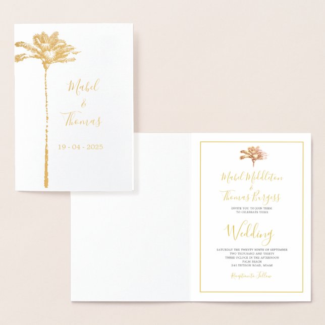 Gold Palm Tree Elegant Script Wedding Invitation (Display)