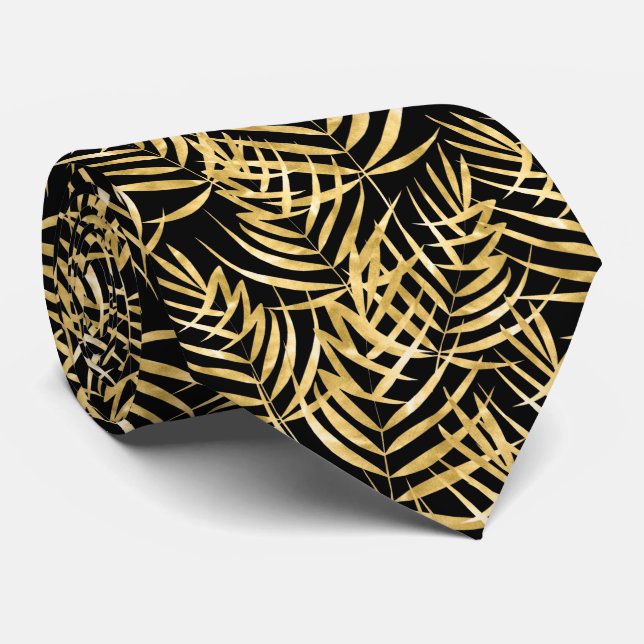 Gold Palm Tree Fronds Tropical Black Neck Tie (Rolled)