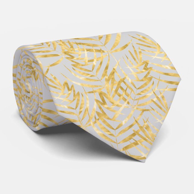 Gold Palm Tree Fronds Tropical Gray Neck Tie (Rolled)