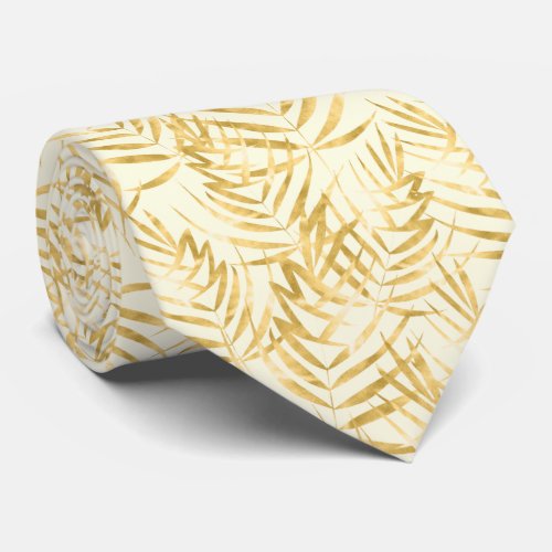 Gold Palm Tree Fronds Tropical Ivory Neck Tie