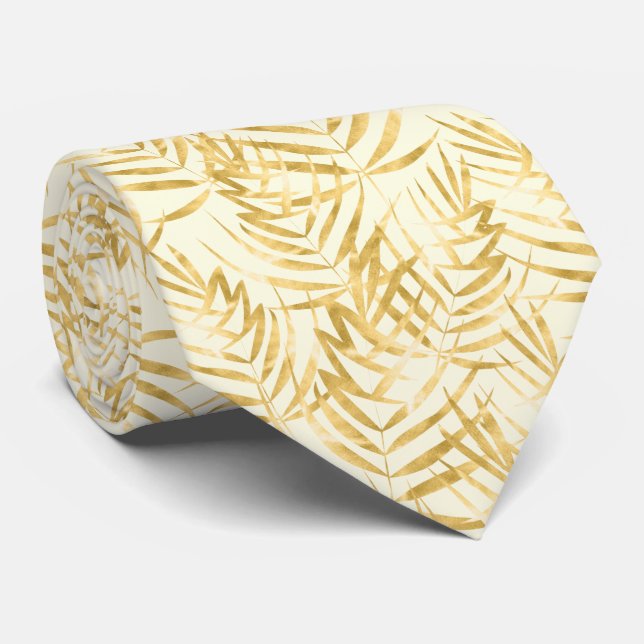 Gold Palm Tree Fronds Tropical Ivory Neck Tie (Rolled)