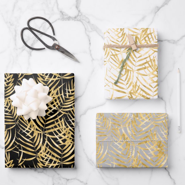 Gold Palm Tree Fronds Tropical Wrapping Paper Sheets (Front)