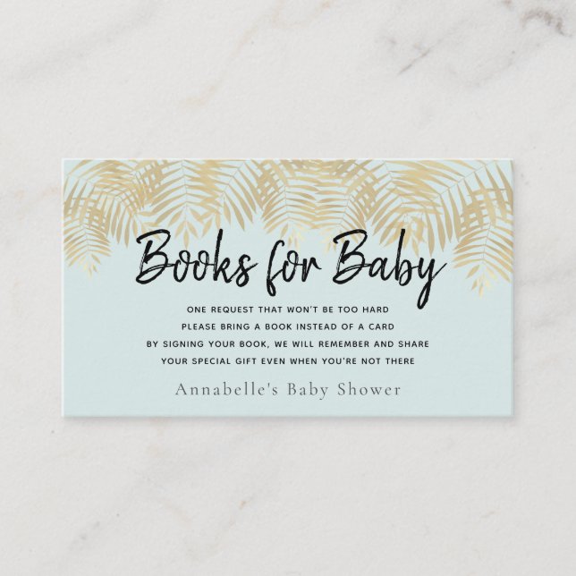 Gold Palm Tree Green Baby Shower Book Request Business Card (Front)