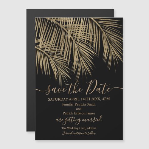 Gold palm tree leaf tropical black save the date