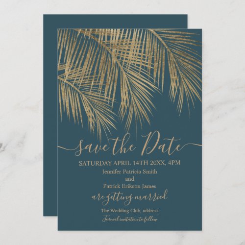 Gold palm tree leaf tropical blue save the date