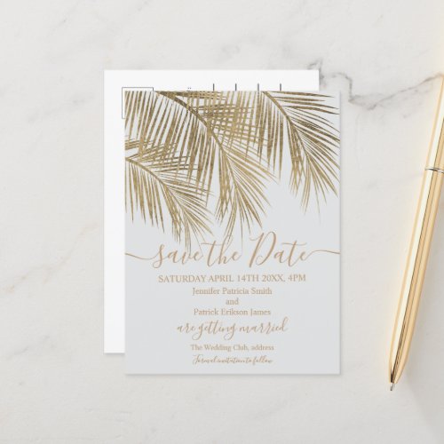 Gold palm tree leaf tropical gray save the date announcement postcard