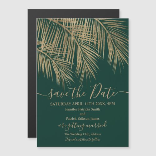 Gold palm tree leaf tropical green save the date