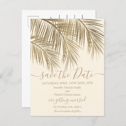 Gold palm tree leaf tropical ivory save the date announcement postcard