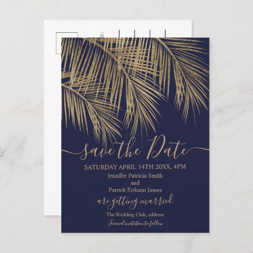 Gold palm tree leaf tropical navy save the date announcement postcard