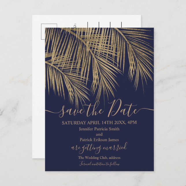 Gold palm tree leaf tropical navy save the date announcement postcard (Front/Back)