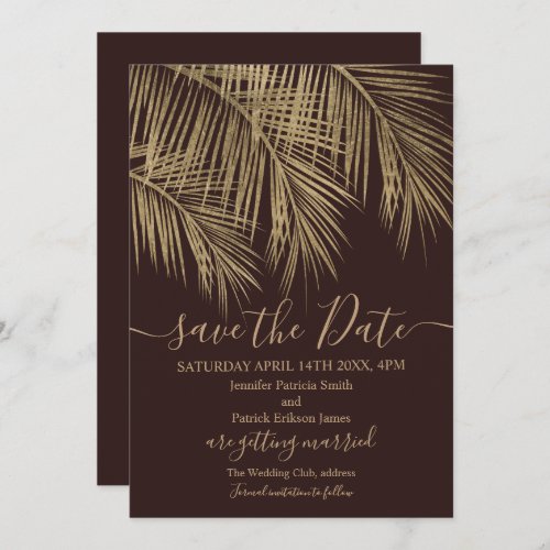 Gold palm tree leaf tropical red save the date