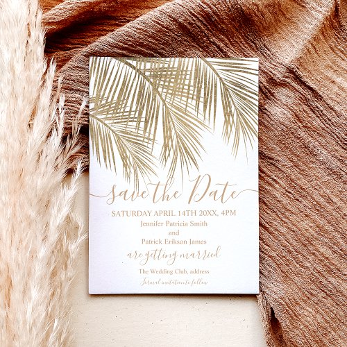 Gold palm tree leaf tropical script save the date announcement postcard