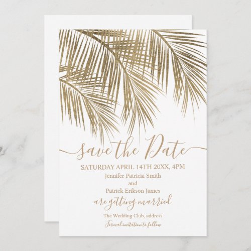Gold palm tree leaf tropical white save the date
