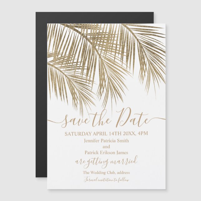 Gold palm tree leaf tropical white save the date (Front/Back)