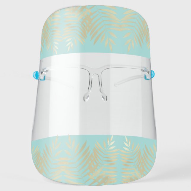 Gold Palm Tree Leaves Light Turquoise Blue Face Shield (Front)