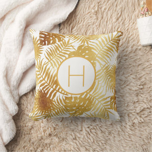 Gold palm tree leaves white monogram throw pillow